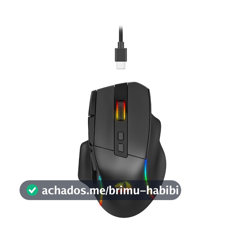 Mouse Gamer Redragon Viper Preto RGB Ergonômico PAW 3311 até 24000 DPI Switch Huano Blue Shell White Dot 10 Botões Programáveis com Apoio para o Polegar Cabo Removível USB Tipo-C M925