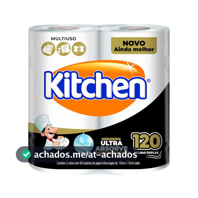 Papel Toalha Kitchen Folha Dupla - Pack com 2 rolos de 60 unidades de 19x22 cm cada