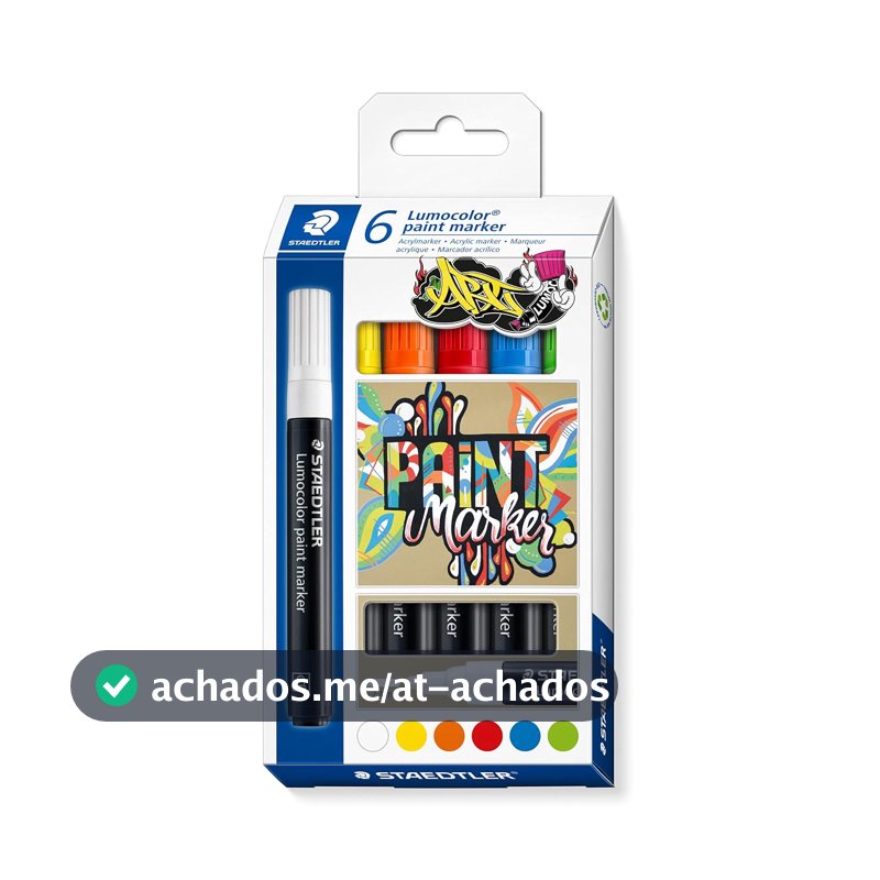 STAEDTLER Marcador Acrílico Lumocolor 6 Unidades 6 Cores Sortidas - 349 C6 - Tinta Permanente à Base de Água, Para Superfícies Escuras, Secagem Rápida, Ponta Arredondada 2,4mm