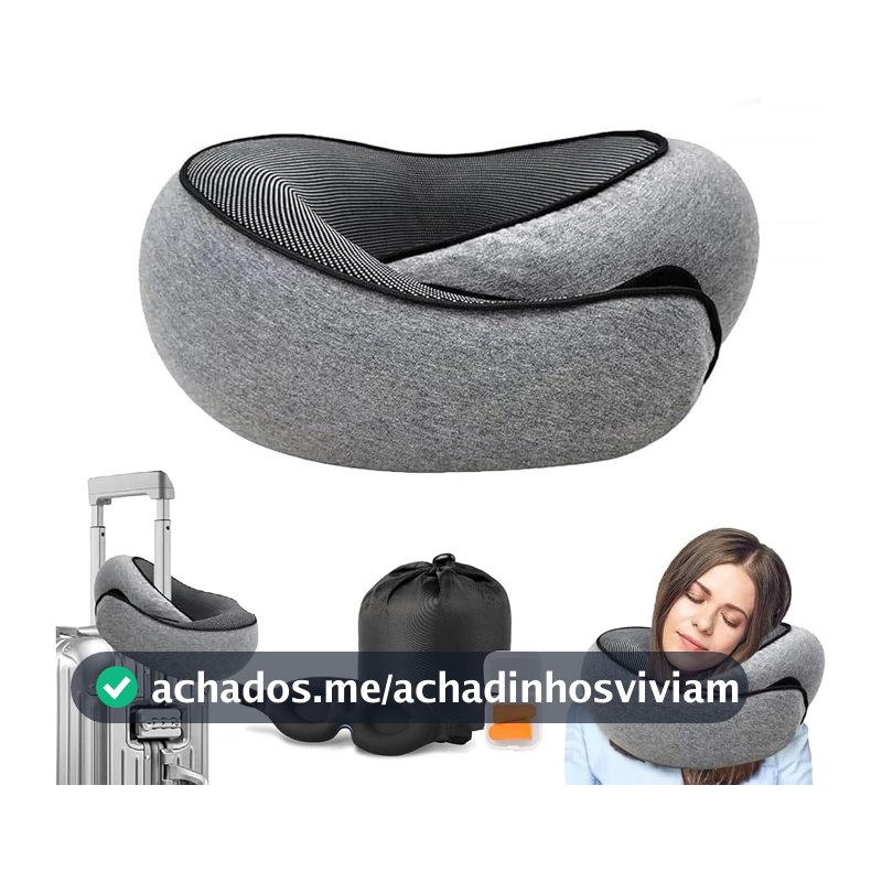 Travesseiro de Viagem 360° Ajustável Ergonômico Suporte Duplo para Cabeça e Pescoço – Espuma de Memória Portátil com Sacola, Máscara de Dormir e Protetor Auricular – Perfeito para Avião, Carro, Trem
