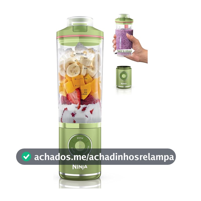 Ninja Blast Max, Liquidificador Portátil + Twist & Go, Smoothie Pessoal, Misturar, Triturar Gelo, 3 Programas, Sem Fio, Recipiente Removível de 22oz, Lavável na Máquina de Louças, À Prova de