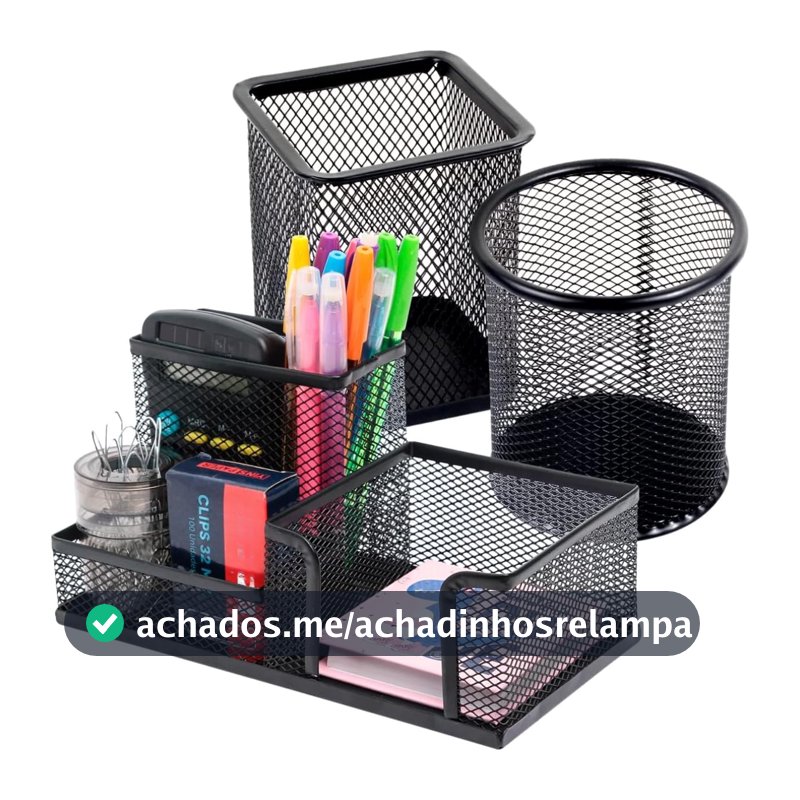 Porta Caneta Organizador de Mesa Escritório 5 Compartimentos Metal Aramado Com Divisórias Para Clip Lápis Bloco de Notas Tesoura Borracha