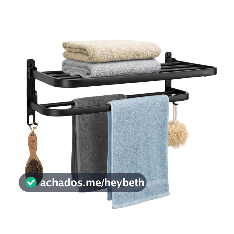 Toalheiro Duplo de Parede com Prateleira 46cm, Metal Preto Fosco