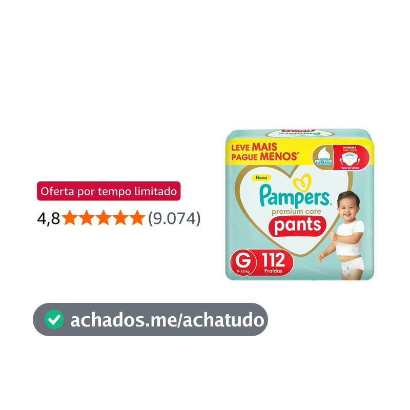 Fralda Pampers Premium Care Pants Tamanho G, Fácil de Vestir, 112 Unidades