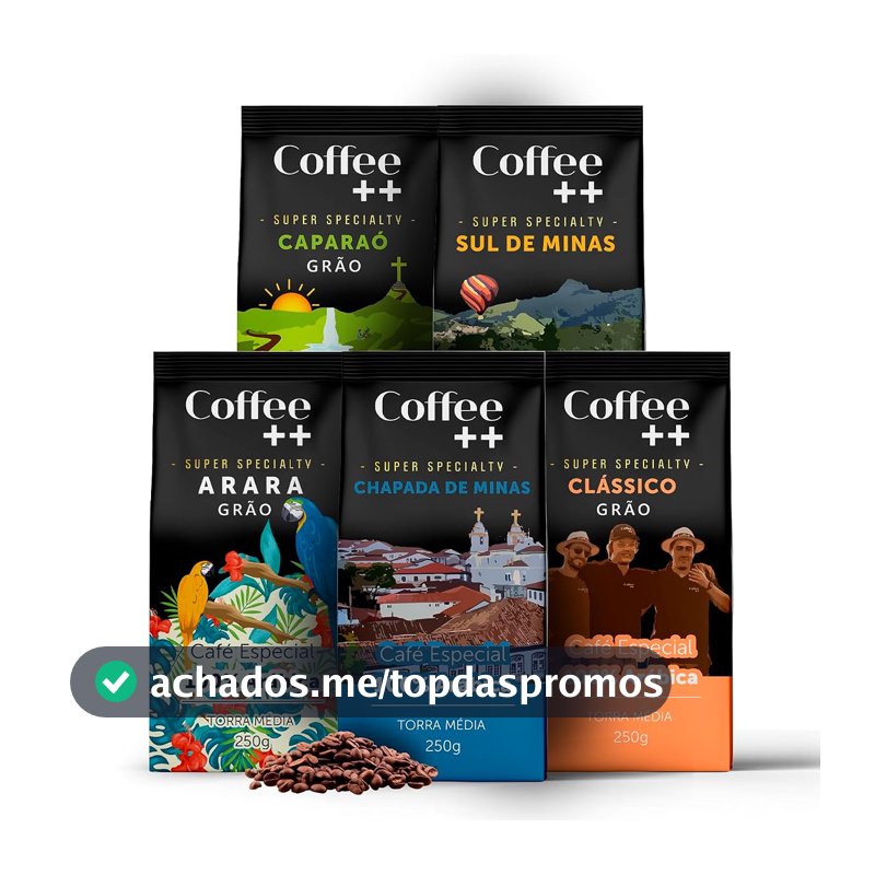 Kit 5 Pacotes Café Especial em Grãos Coffee Mais Variedades: Arara, Sul de Minas, Caparaó, Chapada de Minas e Clássico - 100% Arábica (5x250g)