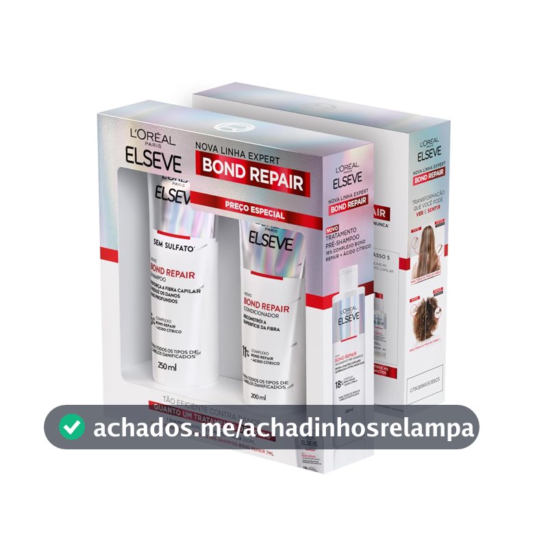 L'Oréal Paris Elseve Bond Repair Kit Reparação Molecular com Ácido Cítrico para Cabelos Danificados, Reconstrói Ligações e Devolve Força (Shampoo + Condicionador + Sachê Pré-Shampoo)