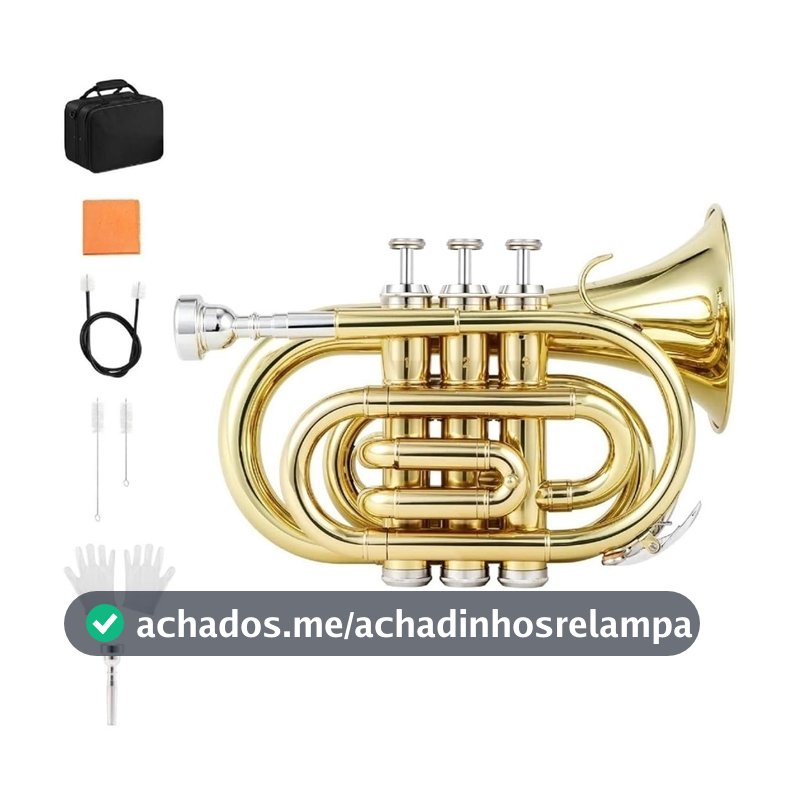 VEDO Trompete de Bolso Bb, Trompete Mini em Latão Dourado com Boquilha 7C, Estojo Rígido, Pano de Limpeza e Luvas - Instrumento de Sopro para Iniciantes e Estudantes