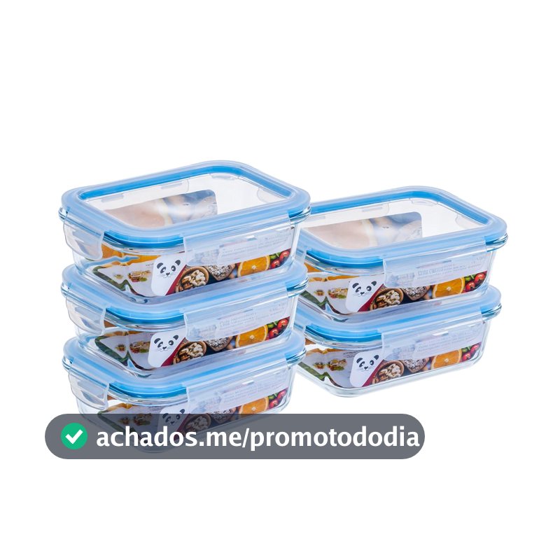 Kit com 5 Potes de Vidro Gato Panda, 640 ml, Retangular, com Tampa Hermética, Azul