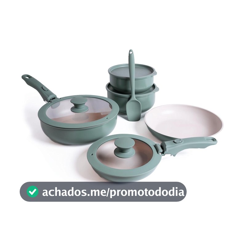 Jogo de Panelas 12 Peças Cerâmica Cabo Removível Empilhável Forno Indução Gás Motorhome (Verde Militar)