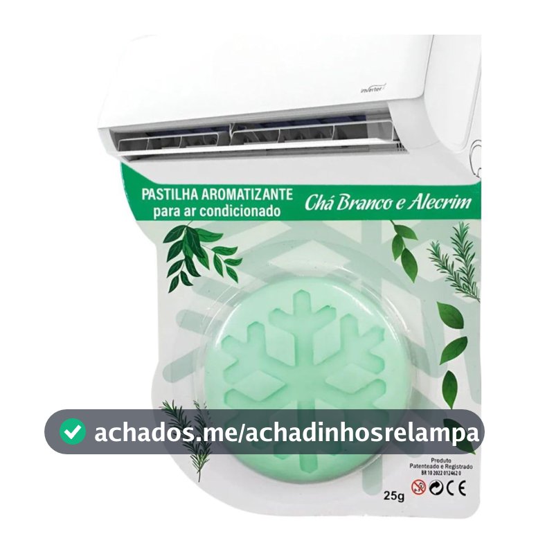 Pastilha Bactericida Aromatizante para Ar Condicionado Split – Chá Branco e Alecrim (25g) Higienizadora Ação neutralizadora de odores Aroma contínuo ELIMINA MAU CHEIRO
