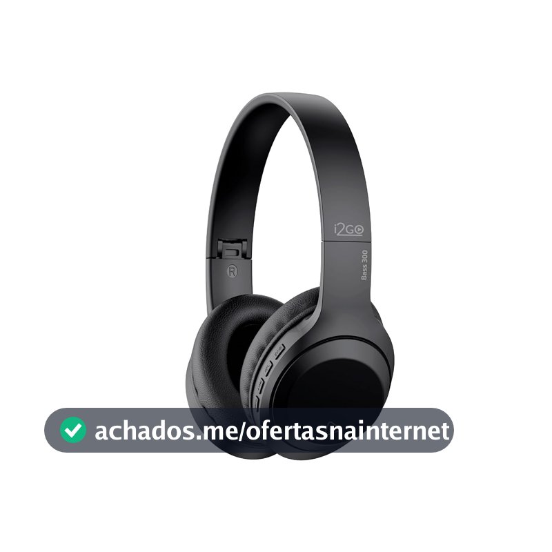 I2GO, Headphone Bass 300, Bluetooth, Microfone Integrado, Controle Multimídia, Até 10h de bateria, Tecnologia Dual Connect, Entrada cabo auxiliar P2 (incluso), Dobrável, Preto