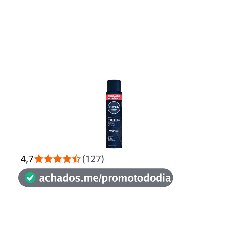 NIVEA MEN Desodorante Antitranspirante Aerossol Deep Carvão Ativado 200ml, Proteção Antibacteriana 72h, Controle do Suor e Odor
