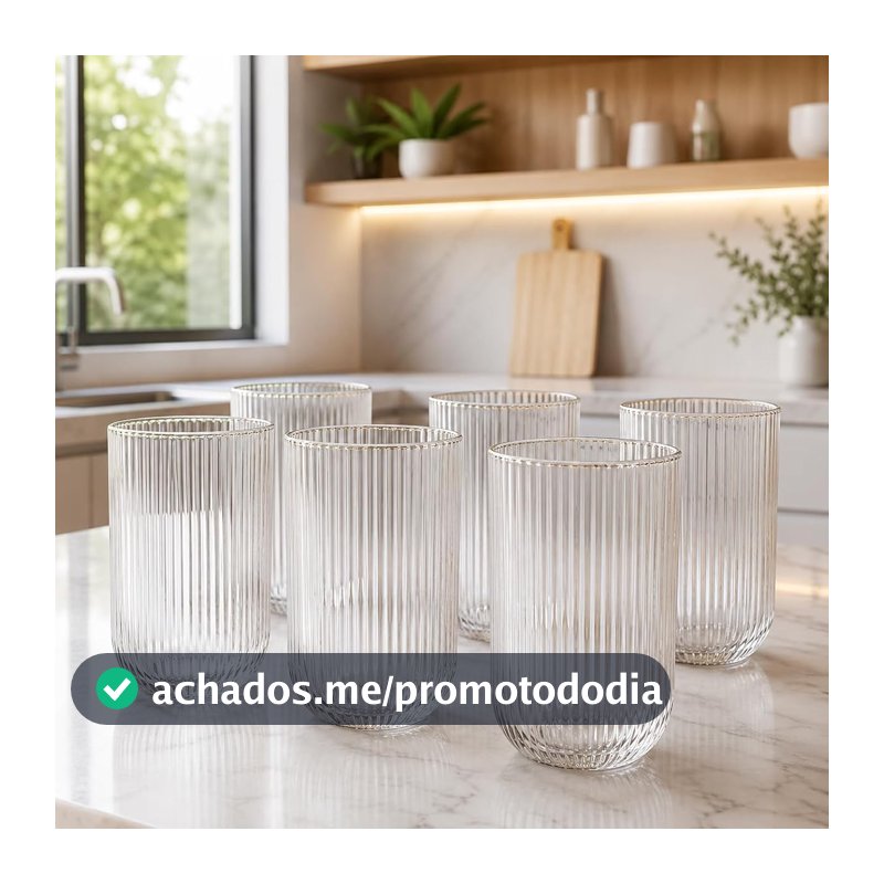 Kit 6 Copos de Vidro Canelado 420 ml com Borda Dourada para Água, Sucos e Drinks, Mesa Posta Elegante