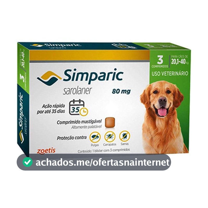 Antipulgas Simparic cães 20,1 - 40 kg - 3 comprimidos Zoetis