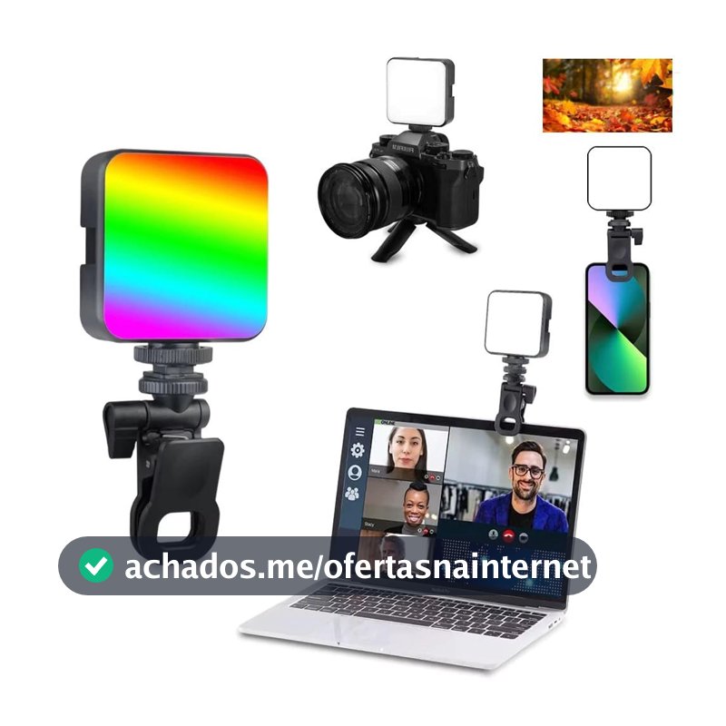 Luz LED RGB Portátil com Clip para Celular Tablet Monitor ou Notebook e Rosqueamento Compatível com Tripé Ring Light - Ajuste de Três Níveis de Brilho IPHONE ANDROID