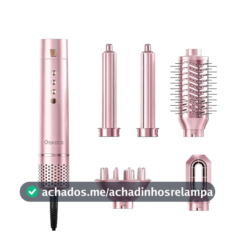 Secador de Cabelo Multifuncional GOKOCO Bivolt 127-220V, Kit 5 Peças com Automático, Escova Modeladora e Difusor, Alta Potência, Rosa