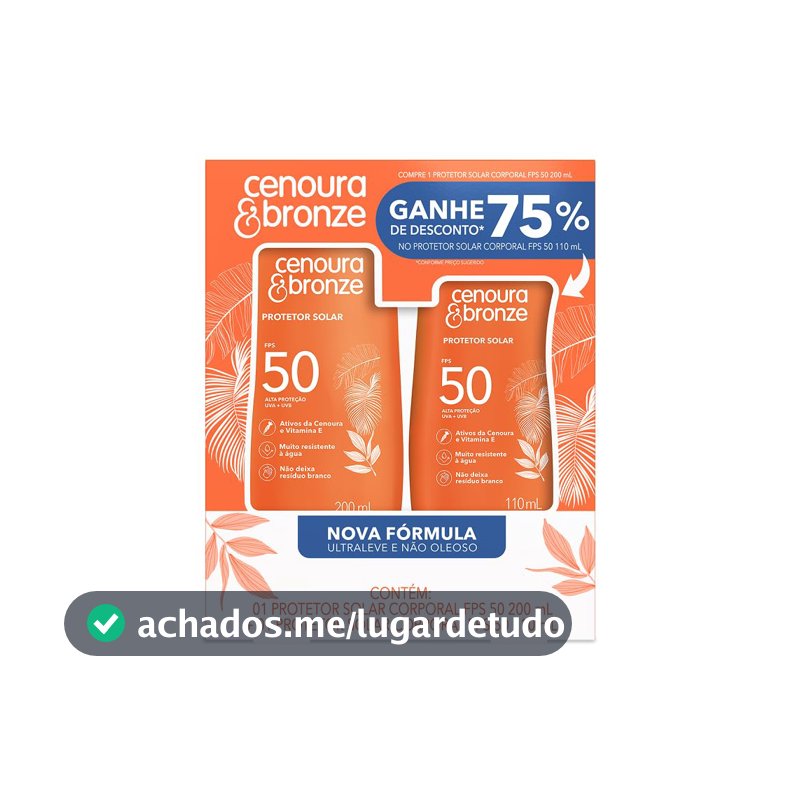 Protetor Solar Líquido Cenoura e Bronze, FPS 50, Kit com 2 Unidades
