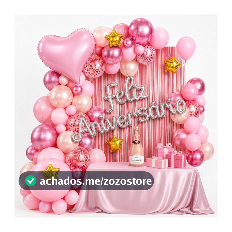 Kit Decoração Festa Aniversário Rosa com Balões e Cortina Metalizada