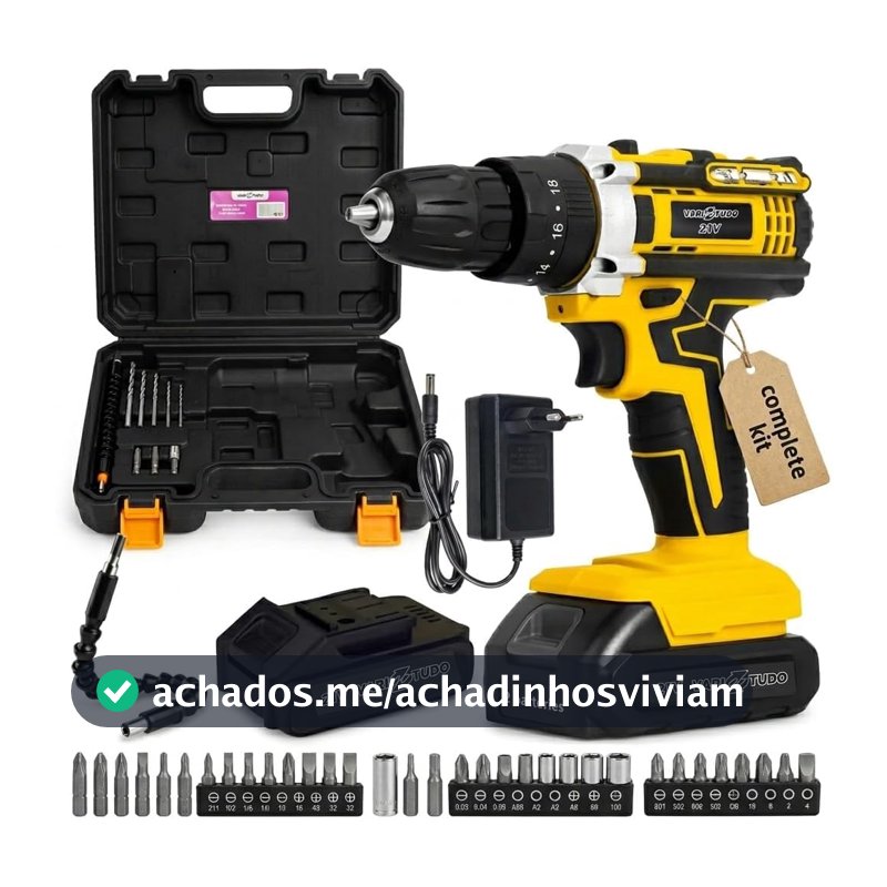 Furadeira e Parafusadeira de Impacto Sem Fio 21V com LED, 32 Acessórios