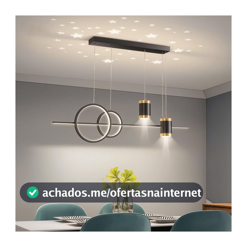 Lustre de Mesa de Jantar LED – Luz Pendente Linear Regulável com Projeção de Estrela, 85V-220V(Preto)