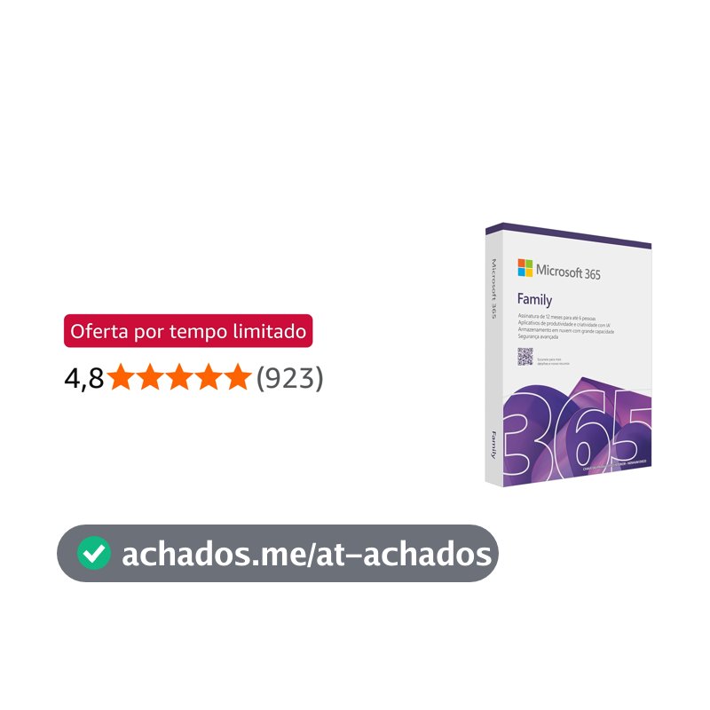 Microsoft 365 Family com Copilot + até 6TB de Armazenamento OneDrive (1TB por pessoa), 6 usuários - Word, Excel, PowerPoint, Outlook - PC/Mac/Iphone/Android/tablet/ - (12 Meses)