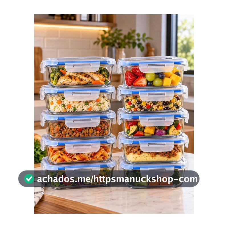 Kit 10 Potes Herméticos de Vidro 640ml com Tampa 4 Travas e Anel de Vedação, Potes para Alimentos, Marmitas, Refeições e Organização de Geladeira