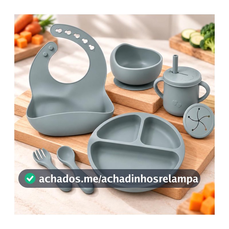 Kit Alimentação Bebê de Silicone com Babador Bowl Prato Copo Talheres
