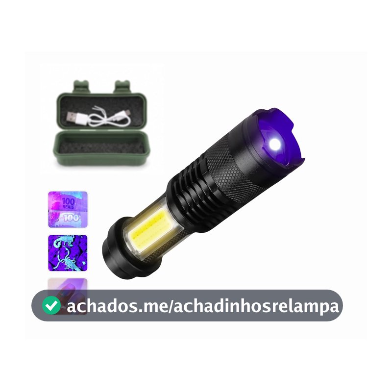 Lanterna LED UV Luz Negra Ultravioleta Recarregável Cabo USB Profissional Original Potente Com Caça Escorpiões Insetos Identificador de Notas Manchas Urina de Animais Liquidos Tatica Militar