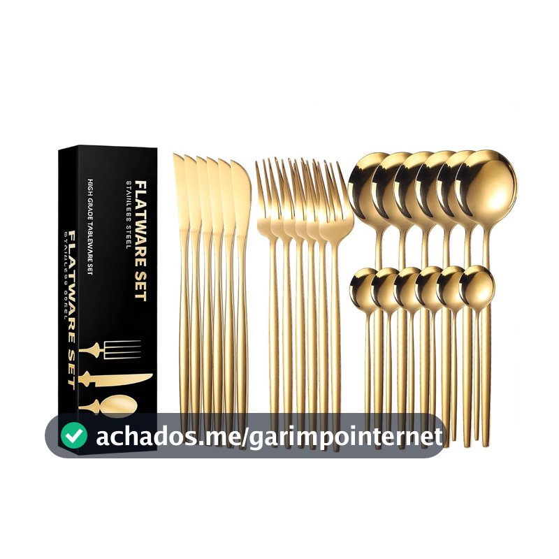 AUXOM Faqueiro 24 Peças em Aço Inox 430 - Jogo de Talheres Premium com Caixa Litografada, Polido e Espelhado de faca e garfo Conjunto para Mesa Posta e Utensílios de Casa/Restaurante (Dourado)