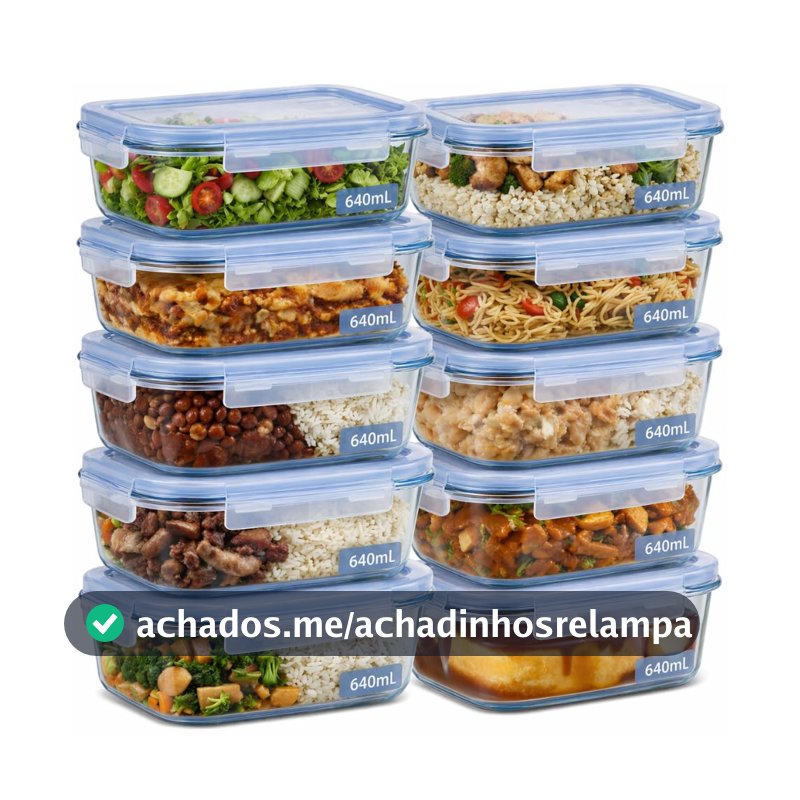 Kit 10 Potes de Vidro Borossilicato 640ml Herméticos com 4 Travas Ideal para Marmitas e Conservação de Alimentos, Vedação Total, Refratário para Forno e Freezer