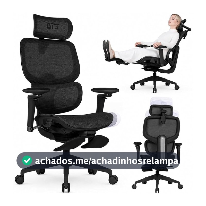 Cadeira de Escritório DT3 Ergonomie FT, Revestimento  Mesh Polytex™; Apoio cabeça profissional 4D, Apoio de braço 5D 360º, Apoio de pé dobrável, ajuste de altura no encosto, certificada NR-17(Black)