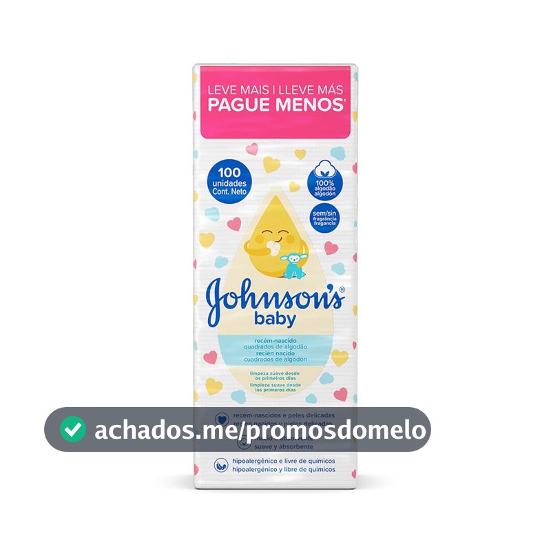 Quadrados de Algodão Johnson's Baby, Recém-Nascido, 100 Unidades