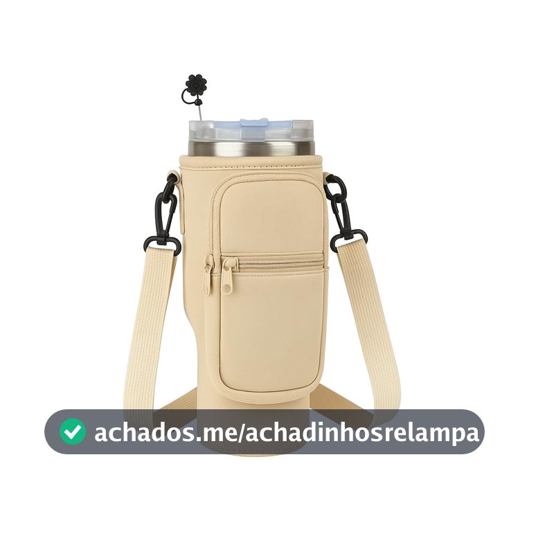 Bolsa Porta Garrafa, Squeeze, Copo Térmico Com Alça Ajustável Shoulder Bag com bolso para celular, de neoprene, com alça ajustável, tampa para canudo e mosquetão (Bege)