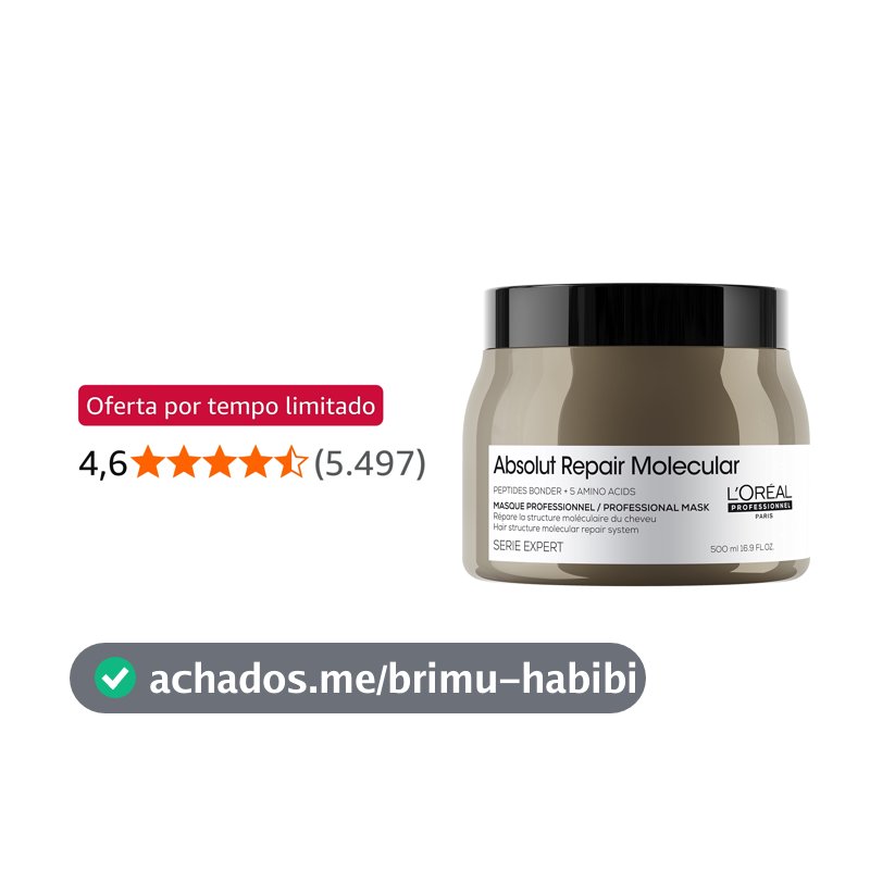 L'Oréal Professionnel Máscara Absolut Repair Molecular, Repara os Danos & Recupera a Força, Maciez & Desembaraço, Para cabelos danificados e muito danificados
