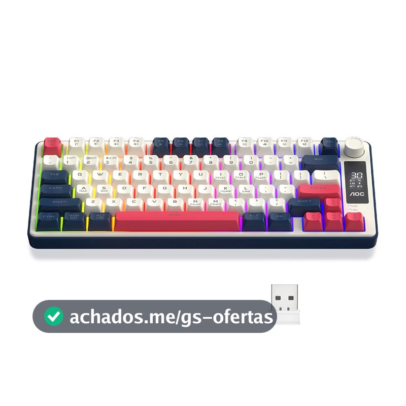 AOC GK280 Teclado sem fio 70%, Bluetooth Trimodo /2.4 GHz/USB-C, Teclado Gamer RGB LED Rainbow, Ideal para Jogos e Digitação, Ergonômico, Bateria Recarregável