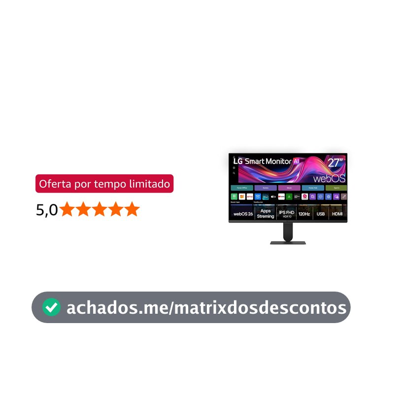 Monitor LG Smart, Tela IPS de 27”, FHD, WebOS 26, HDR10, ThinQ, Wi-fi, AirPlay, Bluetooth, 5ms (GtG), 120Hz, 2X USB, 2X HDMI, Preto- 27U511SB
