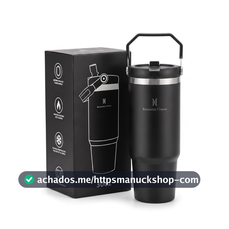 Copo Térmico 900mL em Aço Inoxidável com Canudo, Tampa e Alça (Preto)