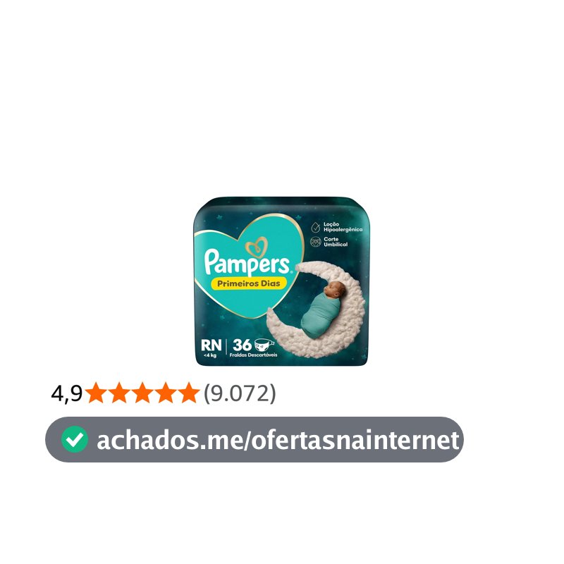 Fralda Pampers Primeiros Dias Tamanho RN (Até 4 kg), 36 Unidades