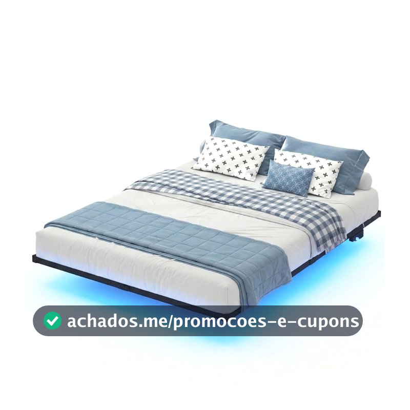 Estrutura De Cama De Metal, Cama Suspensa Casal, Com cintura de luz LED e Tomada, Suporta até 400KG, Design Moderno, Fácil de Montar, 190cm140cm, preto