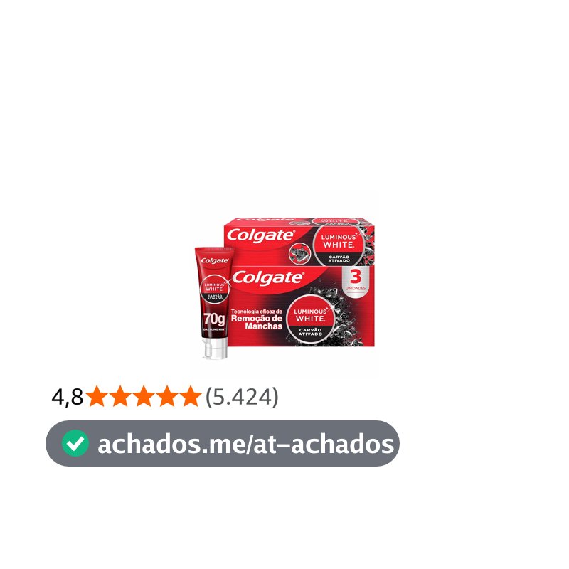Colgate Luminous White Carvão Ativado Creme Dental Clareador, 3x70g