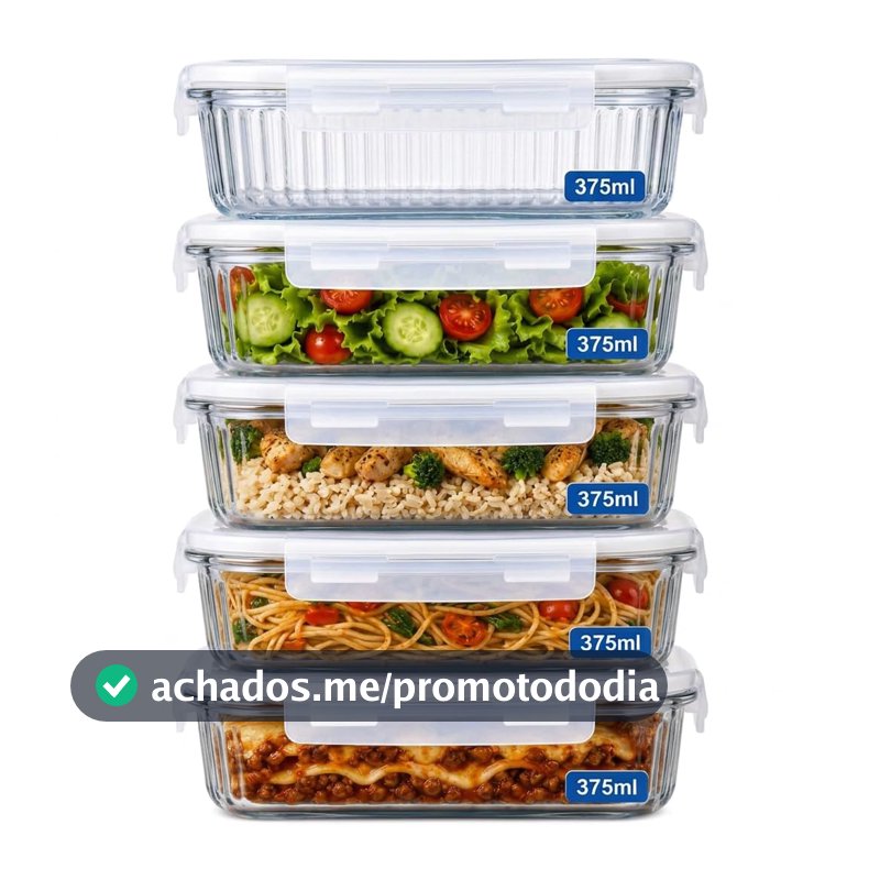 Kit 5 Potes de Vidro Herméticos 375ml – Tampa com Trava, Vedação Airtight, Ideal para Marmitas, Porta Mantimentos, Alimentos e Organização, Acabamento Premium