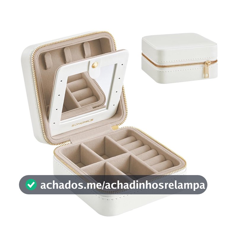 SONGMICS Caixa de Joias de Viagem 11,4 x 11,4 x 5,5 cm com Espelho Interno, Estojo de Joias em Couro PU para Mulheres, Organizador Pequeno, Portátil, Ideia de Presente, Branco Nuvem BRJBC146BEV2