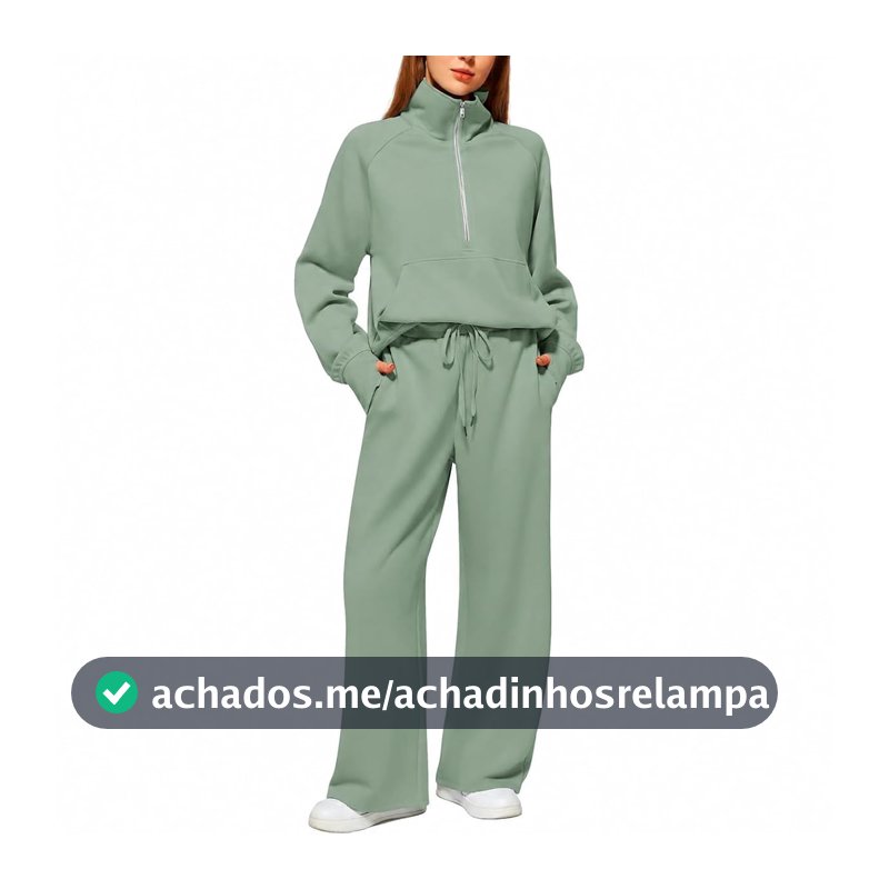 Conjunto de 2 peças de moletom feminino, manga comprida, meio zíper, calça de treino com bolsos