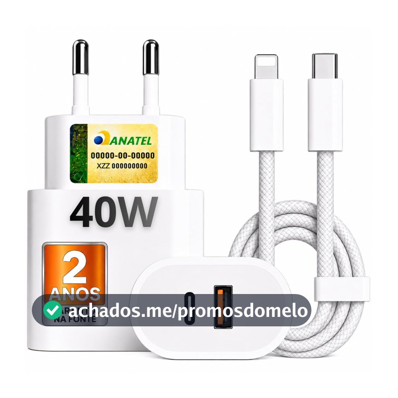 Carregador Turbo 40W USB-C + USB-A Compatível com IPhone 8 X Xr 11 12 13 14, Bivolt 110/220V - CABO DE NYLON - Carregamento POWER DUO