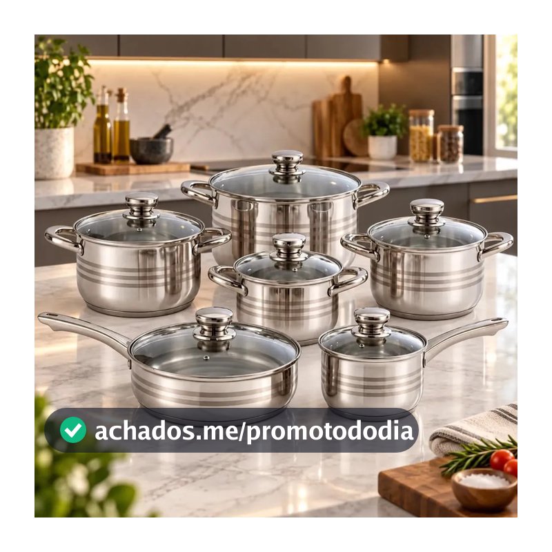 Jogo de Panelas Inox Premium Galya 7 Camadas Revestimento Interno e Externo Antiaderente 12 Peças