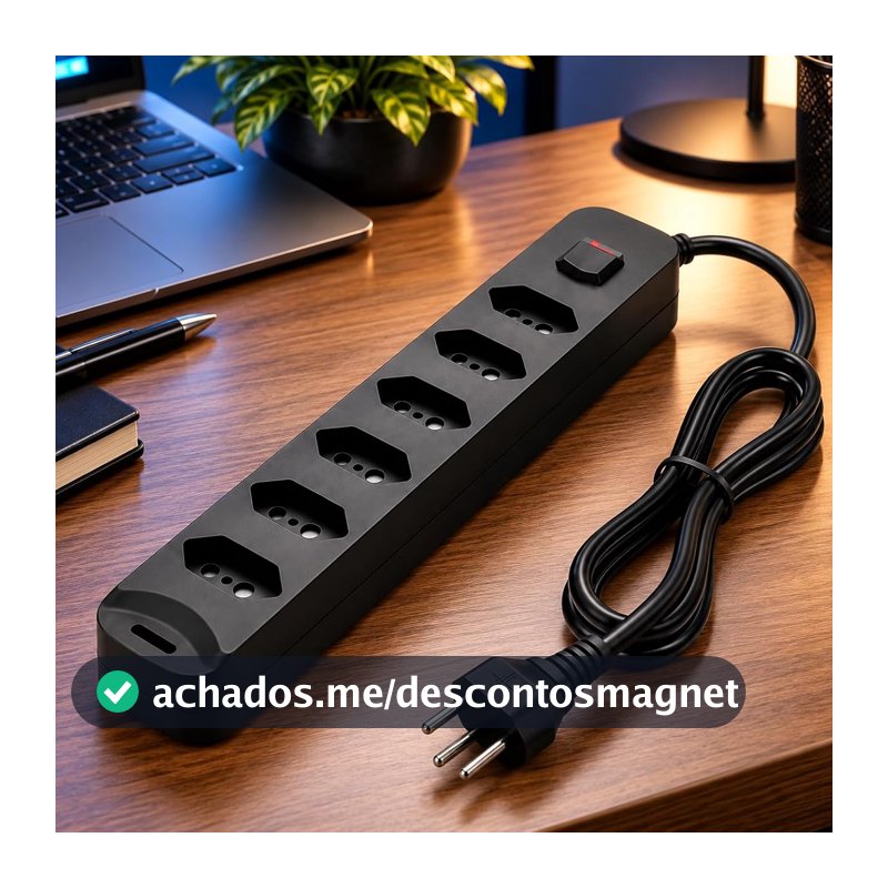 Filtro de Linha 6 Tomadas com Interruptor Liga e Desliga, Régua Extensão Elétrica Preta com Cabo, Adaptador Multiplicador de Tomadas para Casa, Escritório, TV, Computador e Eletrônicos