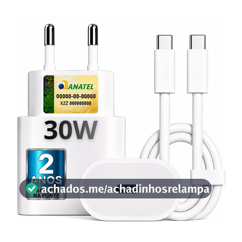 Carregador Turbo 30W Compatível iPhone 15/16/17-16 PRO, 16 PRO MAX iPhone 15 PLUS 15 PRO 15 PRO MAX, GALAXY - Todos ANDROID Entrada TIPO-C + Cabo Reforçado USB-C - Fast Power.
