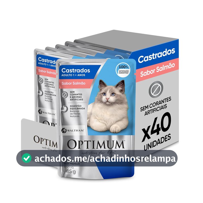Pack Ração Úmida Optimum Sachê para Gatos Adultos Castrados Sabor Salmão 85g - 40 unidadaes