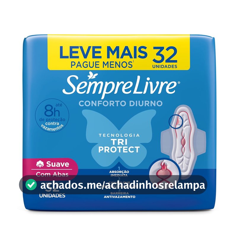 Absorvente Diurno com Abas Sempre Livre, Cobertura Suave, 32 Unidades