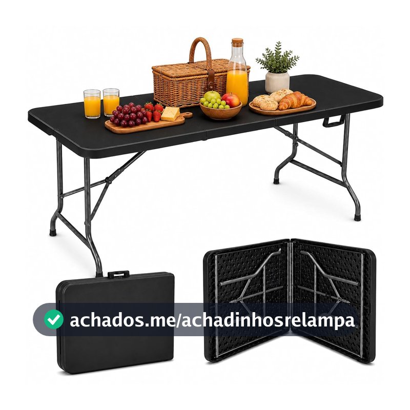 Mesa Dobrável Portátil Vira Maleta 180cm Reforçada até 150kg Camping Churrasco Jardim Sítio Compacta e Resistente MAAT BRAND (Preto)